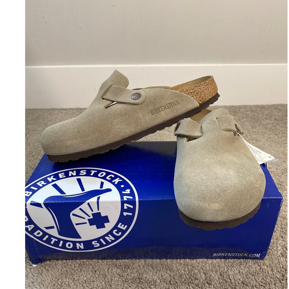 New Birkenstock Boston Soft Footbed Taupe Suede Clogs Size 38 Narrow EU 7-7.5